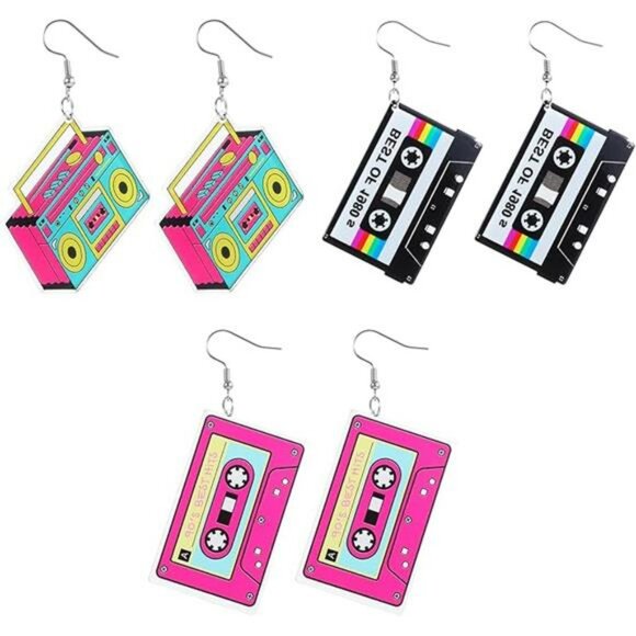 Vintage Cassette Tape Earrings 80s 90s Retro Drop Dangle Earrings Music Party - Picture 8 of 8